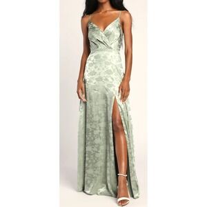 NWOT Lulus Size Large Radiant Refinement Sage Green Satin Jacquard Maxi Dress